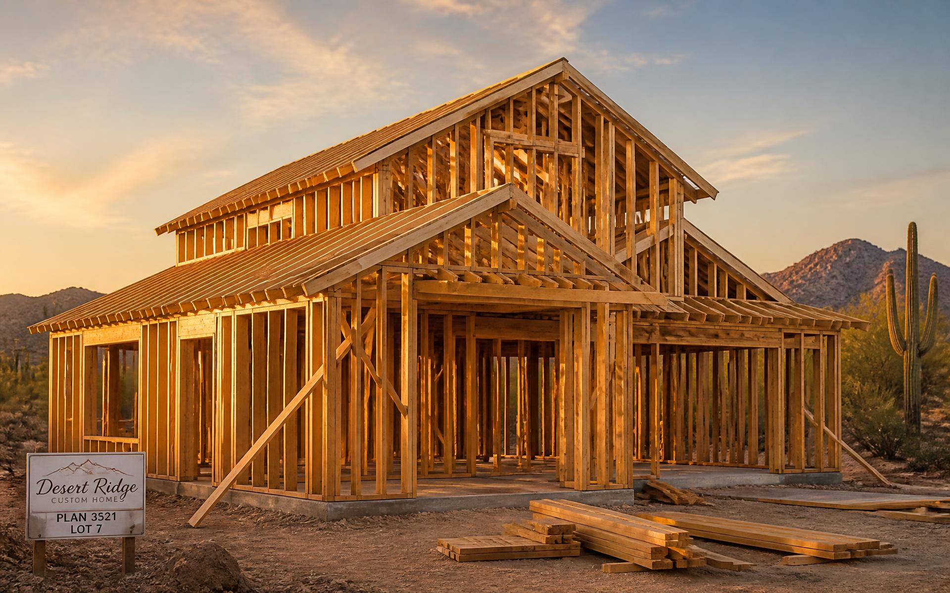 Custom home framing at sunset in the Arizona desert